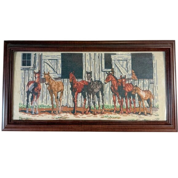 Competed Little Partners Cross Stitch Decorative Horse Art Framed VTG Wall Decor - Picture 15 of 15